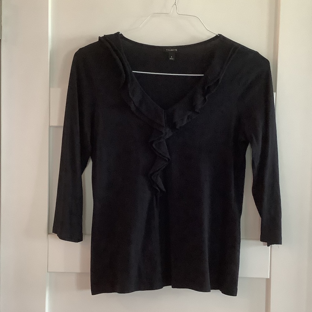 Talbots elbow length sleeve black ruffle neck top